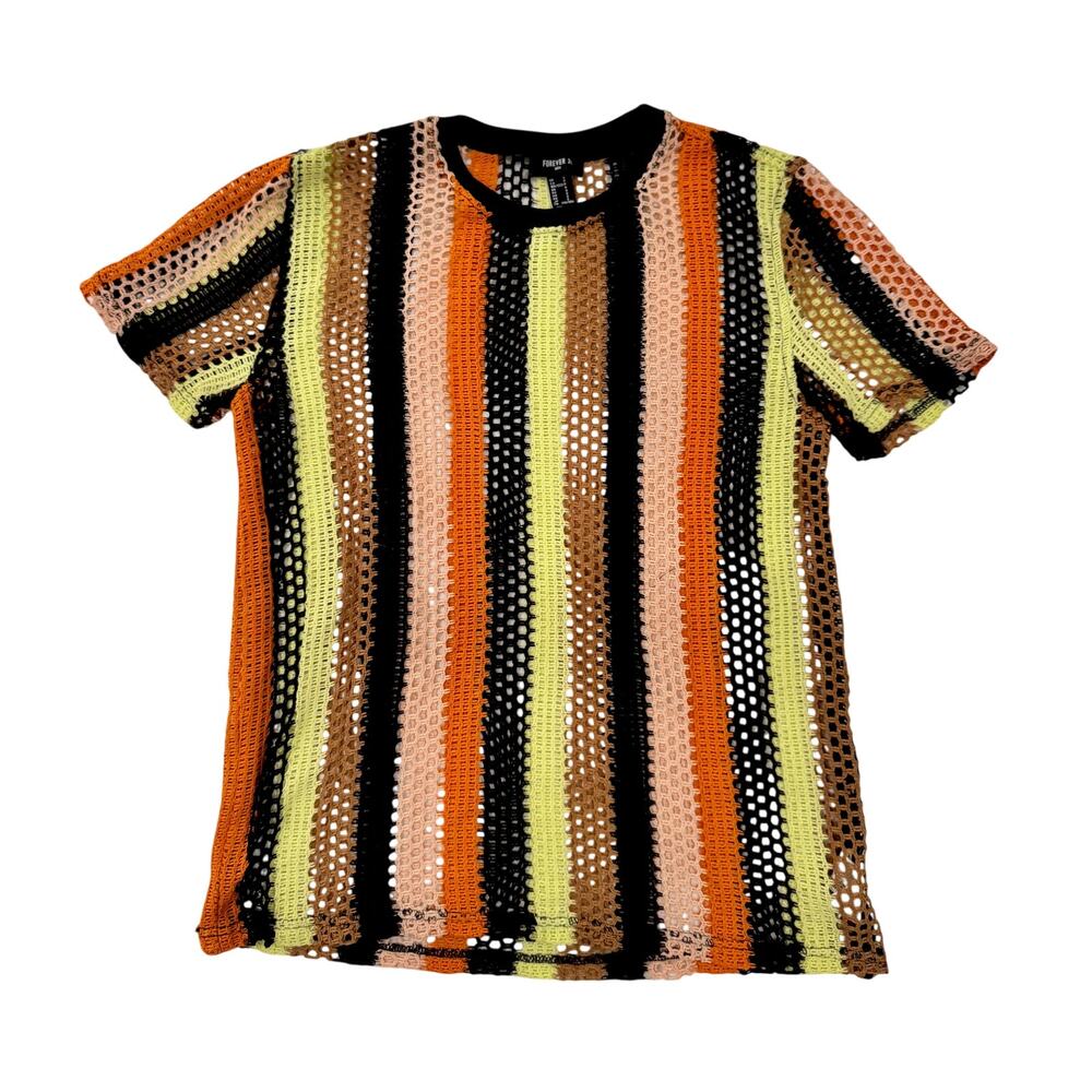 Mesh Crochet Knit Shirt Men’s Small Striped Festival Coastal Y2K Sheer Unisex